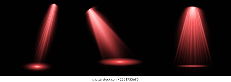 Spotlight effect illuminated illustration. Red glowing stage light ray isolated on empty transparent background. Vector Set of Isolated Spotlight and Studio Lighting for Your Designs in Shades of red.
