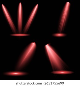 Spotlight effect illuminated illustration. Red glowing stage light ray isolated on empty transparent background. Vector Set of Isolated Spotlight and Studio Lighting for Your Designs in Shades of red.