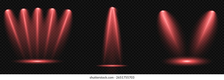 Spotlight effect illuminated illustration. Red glowing stage light ray isolated on empty transparent background. Vector Set of Isolated Spotlight and Studio Lighting for Your Designs in Shades of red.