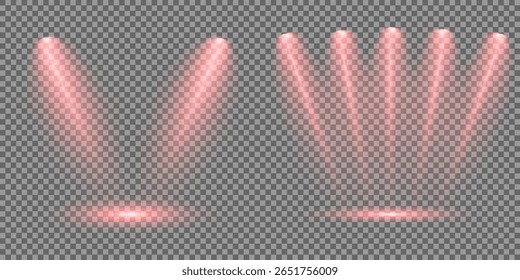 Ilustração iluminada do efeito de destaque. Raio de luz de estágio vermelho brilhante isolado em fundo transparente vazio. Conjunto vetorial de holofote isolado e iluminação de estúdio para seus designs em tons de vermelho.