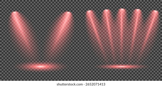 Spotlight effect illuminated illustration. Red glowing stage light ray isolated on empty transparent background. Vector Set of Isolated Spotlight and Studio Lighting for Your Designs in Shades of red.
