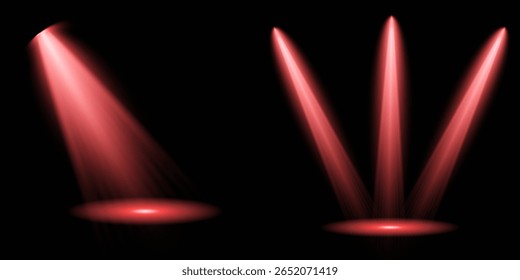 Ilustração iluminada do efeito de destaque. Raio de luz de estágio vermelho brilhante isolado em fundo transparente vazio. Conjunto vetorial de holofote isolado e iluminação de estúdio para seus designs em tons de vermelho.