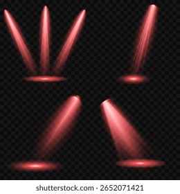 Spotlight effect illuminated illustration. Red glowing stage light ray isolated on empty transparent background. Vector Set of Isolated Spotlight and Studio Lighting for Your Designs in Shades of red.