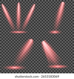 Ilustração iluminada do efeito de destaque. Raio de luz de estágio vermelho brilhante isolado em fundo transparente vazio. Conjunto vetorial de holofote isolado e iluminação de estúdio para seus designs em tons de vermelho.