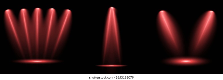 Ilustração iluminada do efeito de destaque. Raio de luz de estágio vermelho brilhante isolado em fundo transparente vazio. Conjunto vetorial de holofote isolado e iluminação de estúdio para seus designs em tons de vermelho.