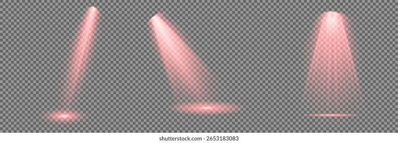 Spotlight effect illuminated illustration. Red glowing stage light ray isolated on empty transparent background. Vector Set of Isolated Spotlight and Studio Lighting for Your Designs in Shades of red.