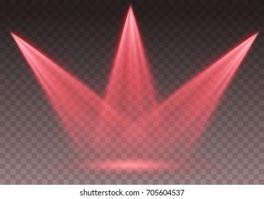 Spotlight effect illuminated illustration. Red glowing stage light ray isolated on empty transparent background. Vector bright scene spotlight. Shine theater vertical projector beam for your design