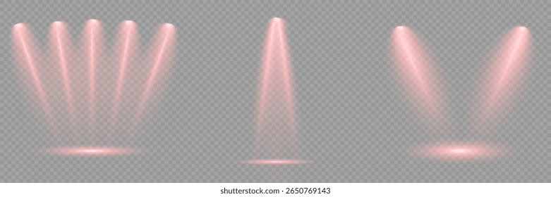 Spotlight effect illuminated illustration. Vector Set of Isolated Spotlight and Studio Lighting for Your Designs in Shades of red. Red glowing stage light ray isolated on empty transparent background.