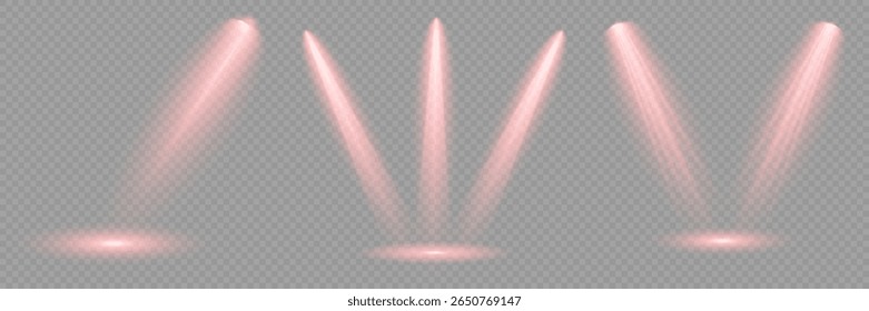 Ilustración iluminada del efecto del proyector. Conjunto de Vector de foco aislado e iluminación de estudio para sus Diseños en tonos de rojo. Rayo de luz de etapa brillante rojo aislado sobre fondo transparente vacío.