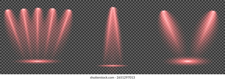 Ilustración iluminada del efecto del proyector. Conjunto de Vector de foco aislado e iluminación de estudio para sus Diseños en tonos de rojo. Rayo de luz de etapa brillante rojo aislado sobre fondo transparente vacío.