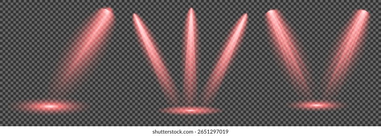 Spotlight effect illuminated illustration. Vector Set of Isolated Spotlight and Studio Lighting for Your Designs in Shades of red. Red glowing stage light ray isolated on empty transparent background.