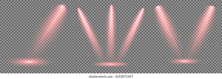 Ilustração iluminada do efeito de destaque. Conjunto vetorial de holofote isolado e iluminação de estúdio para seus designs em tons de vermelho. Raio de luz de estágio vermelho brilhante isolado em fundo transparente vazio.