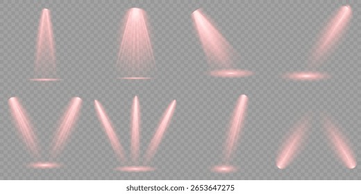 Ilustração iluminada do efeito de destaque. Conjunto vetorial de holofote isolado e iluminação de estúdio para seus designs em tons de vermelho. Raio de luz de estágio vermelho brilhante isolado em fundo transparente vazio.