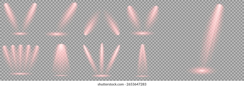 Ilustração iluminada do efeito de destaque. Conjunto vetorial de holofote isolado e iluminação de estúdio para seus designs em tons de vermelho. Raio de luz de estágio vermelho brilhante isolado em fundo transparente vazio.