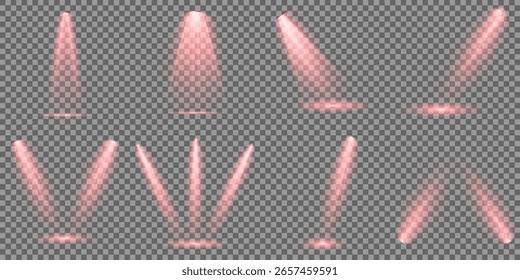 Ilustração iluminada do efeito de destaque. Conjunto vetorial de holofote isolado e iluminação de estúdio para seus designs em tons de vermelho. Raio de luz de estágio vermelho brilhante isolado em fundo transparente vazio.