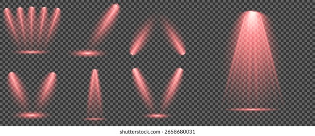 Ilustración iluminada del efecto del proyector. Conjunto de Vector de foco aislado e iluminación de estudio para sus Diseños en tonos de rojo. Rayo de luz de etapa brillante rojo aislado sobre fondo transparente vacío.