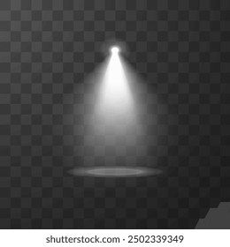 Spotlight effect on transparent isolated background. Vector illustration of a bright spotlight with dust and illuminated place, ideal for stage or event decoration.