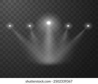 Spotlight effect on transparent isolated background. The vector illustration shows a light source with five spotlights, the main one located in the center, ideal for event decoration.