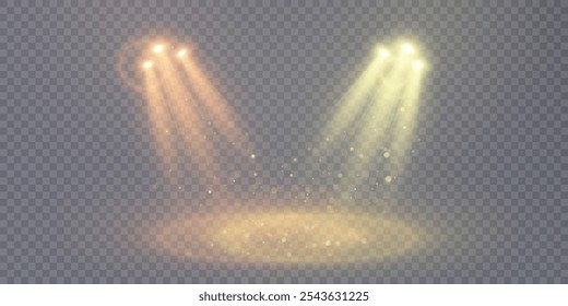 Spotlight effect. Stage lighting with bright LED strobe lights. Spotlights on a transparent background.	