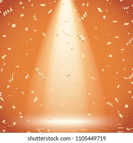 Spotlight at the empty stage with gold confetti. Vector illustration.