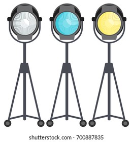 Spotlight for film, photo and video studio. Equipment for stage at concert, performance and festival. Flat vector cartoon illustration. Objects isolated on a white background.