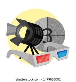 Spotlight, frame and 3D glasses in a yellow circle. Vector illustration on a white background.