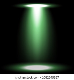 Spotlight glow effect, light beam on black background, show spotlight vector, light effect, green color