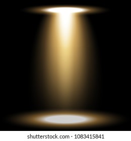 Spotlight glow effect, light beam on black background, show spotlight vector, light effect, golden color