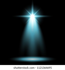 Spotlight glow effect, light beam on black background, show spotlight vector, light effect, aqua color