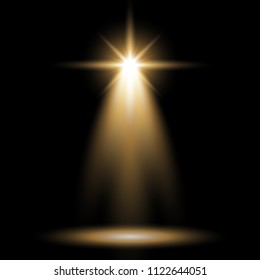 Spotlight glow effect, light beam on black background, show spotlight vector, light effect, golden color