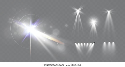 Spotlight glow lens flare set bright stage light effect transparent overlay vector.