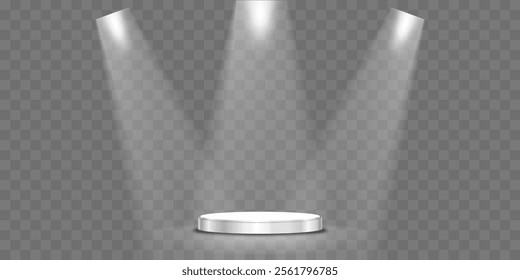 Spotlight with glowing light effect,white rays,beams on podium display background for Studio background,Concert stage.Lighted scene floodlight abstract light from lamp,spotlights on podium stand