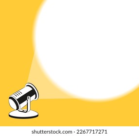 Spotlight is glowing on wall. Spotlight icon with light scattered rays. Projector with light beam. Cinema background with place for text. Projecting beam. Template for banner, brochure, flyer, poster.