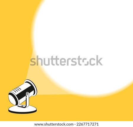 Spotlight is glowing on wall. Spotlight icon with light scattered rays. Projector with light beam. Cinema background with place for text. Projecting beam. Template for banner, brochure, flyer, poster.