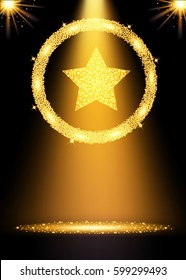Spotlight gold background. Winner concept with star. Vector illustration.