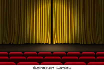 spotlight and gold curtain on the stage in the hall