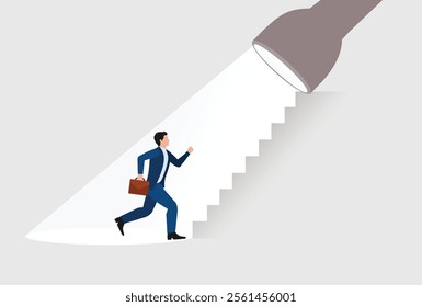 Spotlight to guide career success, recruitment or HR finding candidate or talent, opportunity or career growth, ladder of success concept, businessman walk up flashlight with staircase light beam.
