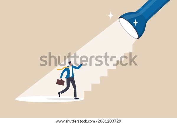 Spotlight to guide career success, recruitment or\
HR finding candidate or talent, opportunity or career growth,\
ladder of success concept, businessman walk up flashlight with\
staircase light\
beam.