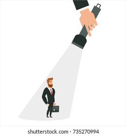 In the Spotlight. A hand holding a flashlight pointing at standing manager. in White Background.  Business Illustration Vector Template
