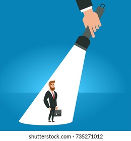 In the Spotlight. A hand holding a flashlight pointing at standing manager. Business concept vector illustration.