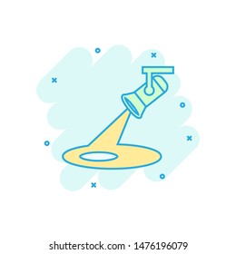 Spotlight icon in comic style. Lamp vector cartoon illustration on white isolated background. Flashlight business concept splash effect.