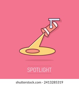 Spotlight icon in comic style. Lamp vector cartoon illustration on white isolated background. Flashlight business concept splash effect.