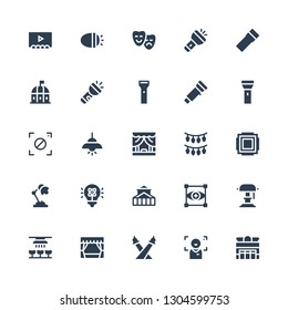 spotlight icon set. Collection of 25 filled spotlight icons included Theater, Focus, Lights, Light, Desk lamp, Flashlight, Theatre