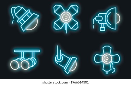 Spotlight icons set. Outline set of spotlight vector icons neon color on white