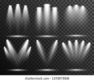 Spotlight illuminated scene set collection, stage, podium light effect vector transparent