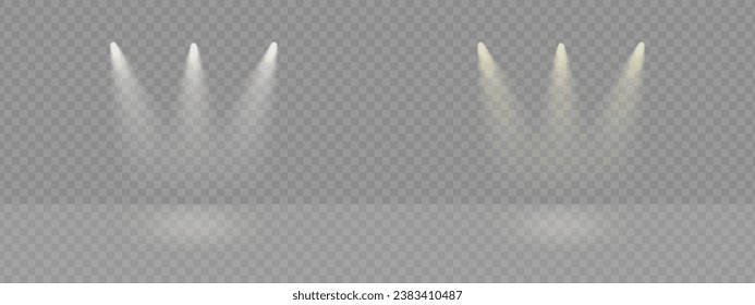Spotlight illuminated stage background. White rays of floodlight, ies lamp beam set. Festive warm rays on transparent background.
