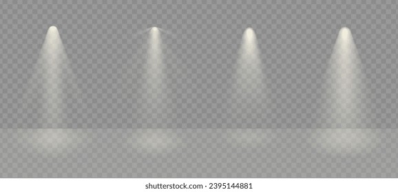 Spotlight illuminated stage background. White rays of floodlight, ies lamp beam set. Festive warm rays on transparent background.