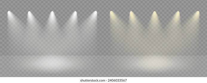 Spotlight illuminated stage background. White rays of floodlight, ies lamp beam set. Festive warm rays on transparent background.