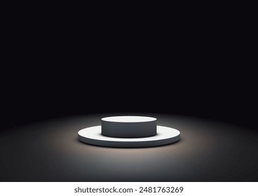 Spotlight Illuminated White Podium for Product Display, Mockup, and Showcase in Dark Room Background, Elegant and Modern Design Template for Showroom Exhibition