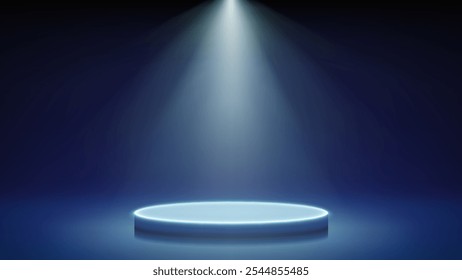 Spotlight illuminates futuristic dim stage, podium. Blue room, round cyan neon podium pedestal, spotlight. Background for displaying products, presentation. Showcase. Backdrop. Vector illustration